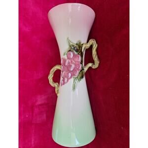Hull Tokay Pink Green Vase #12 3D Grape Cluster Vine Handle 12" MCM - Excellent
